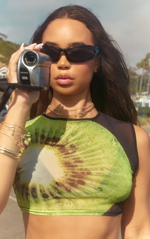 Black Kiwi Fruit Printed Mesh Sleeveless Crop Top made by Pretty Little Thing