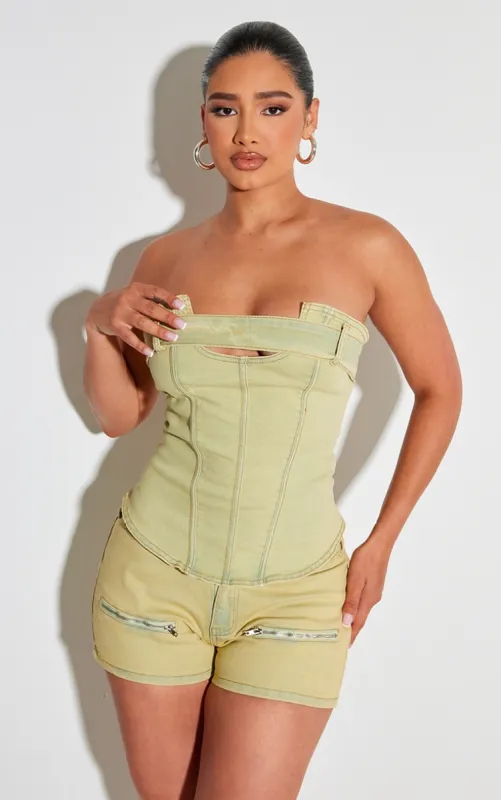 Shape Washed Green Denim Belt Detail Bandeau Crop Top sold by Pretty Little Thing