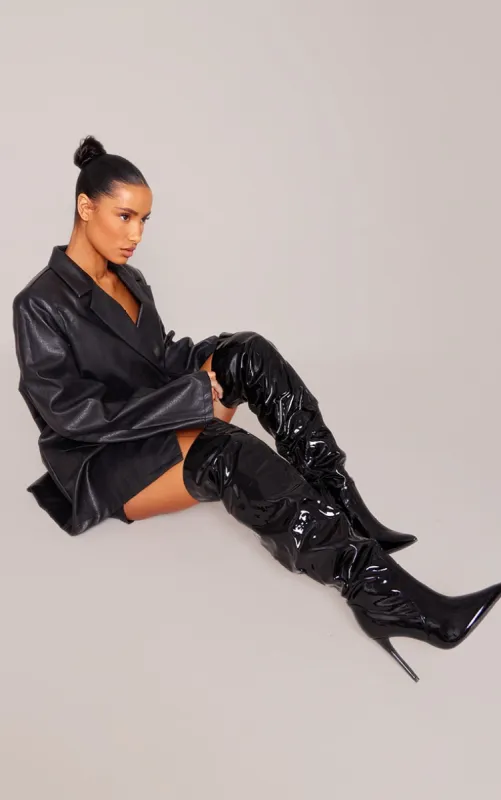 Black PU Point Toe Ruched Over The Knee High Heeled Boots sold by Pretty Little Thing