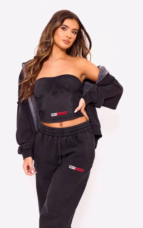 PRETTYLITTLETHING Washed Black Rib Panel Bandeau Corset Top sold by Pretty Little Thing