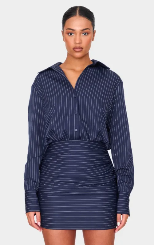 Tall Navy Pinstripe Shirt Ruched Mini Dress sold by Pretty Little Thing