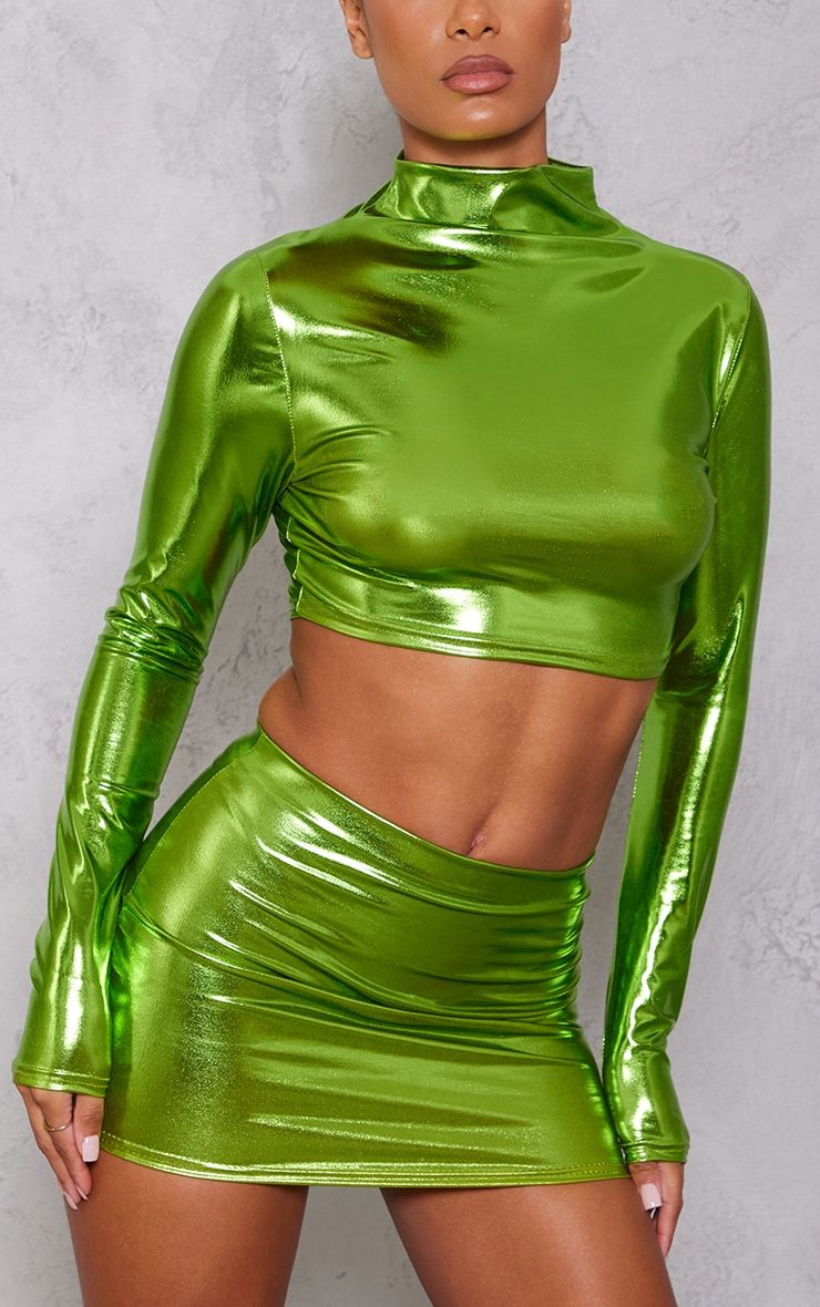 Green Metallic High Neck Crop Top sold by Pretty Little Thing product image thumbnail 4
