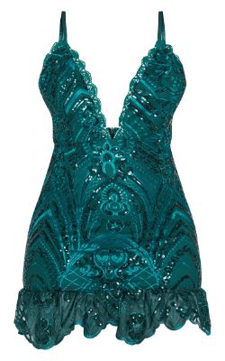 Emerald Green Sequin Lace Frill Hem Bodycon Dress | Parallel