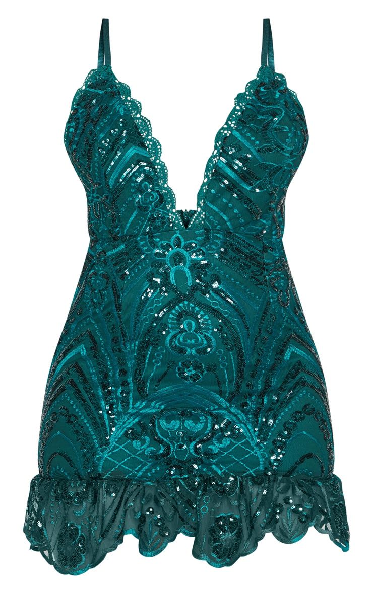 Emerald Green Sequin Lace Frill Hem Bodycon Dress sold by Pretty Little Thing product image thumbnail 3