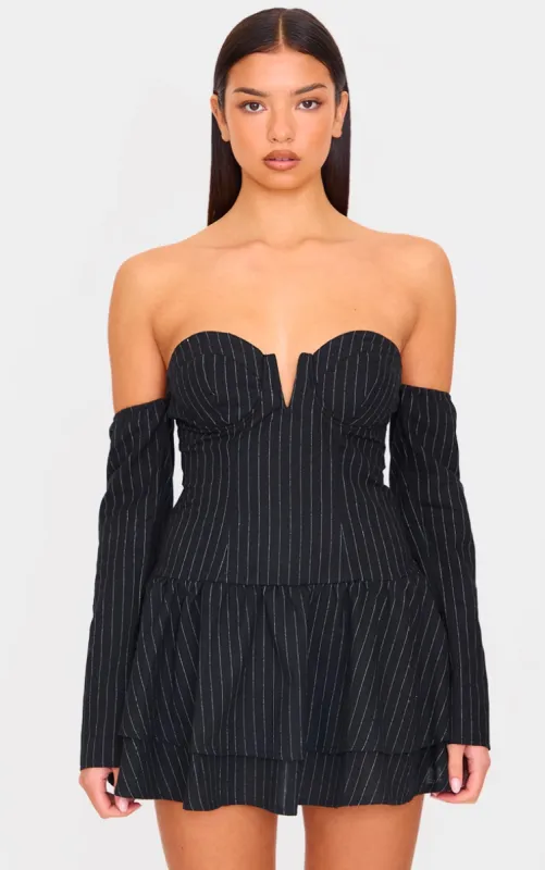 Black Pinstripe Cup Detail Bardot Shift Dress sold by Pretty Little Thing