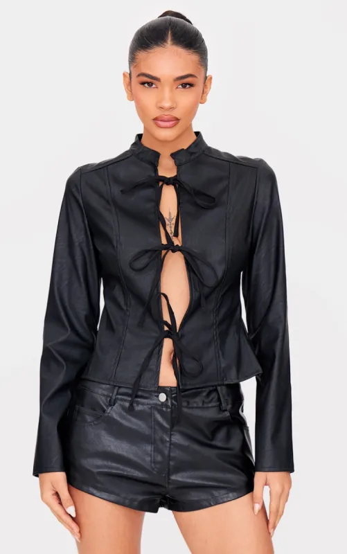 Black Faux Leather Tie Front Fitted Blouse made by Pretty Little Thing