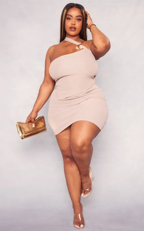 Plus Rose Gold Rib Knit Asymmetric Mini Skirt sold by Pretty Little Thing