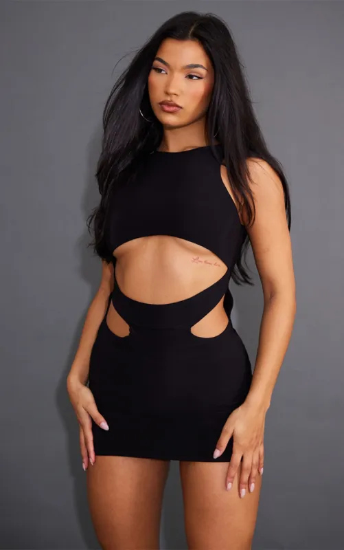 Black Slinky Cut Out Waist Racer Bodycon Dress sold by Pretty Little Thing