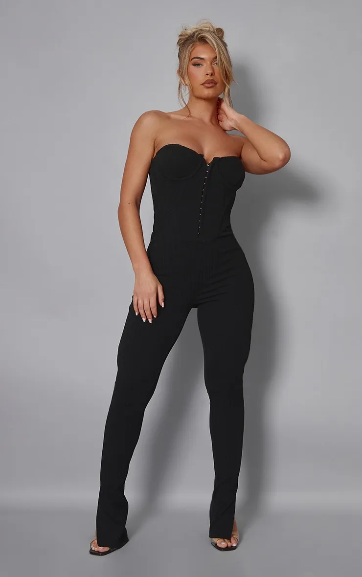 Black Textured Rib Corset Bandeau Split Hem Jumpsuit sold by Pretty Little Thing