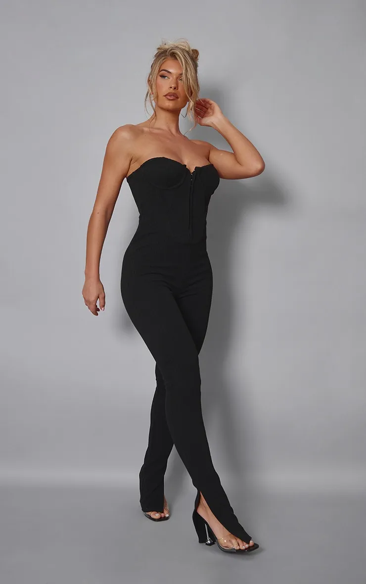 Black Textured Rib Corset Bandeau Split Hem Jumpsuit sold by Pretty Little Thing product image thumbnail 3