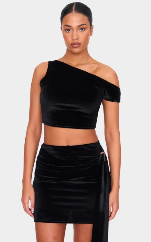 Tall Black Velvet Asymmetric Crop Top sold by Pretty Little Thing