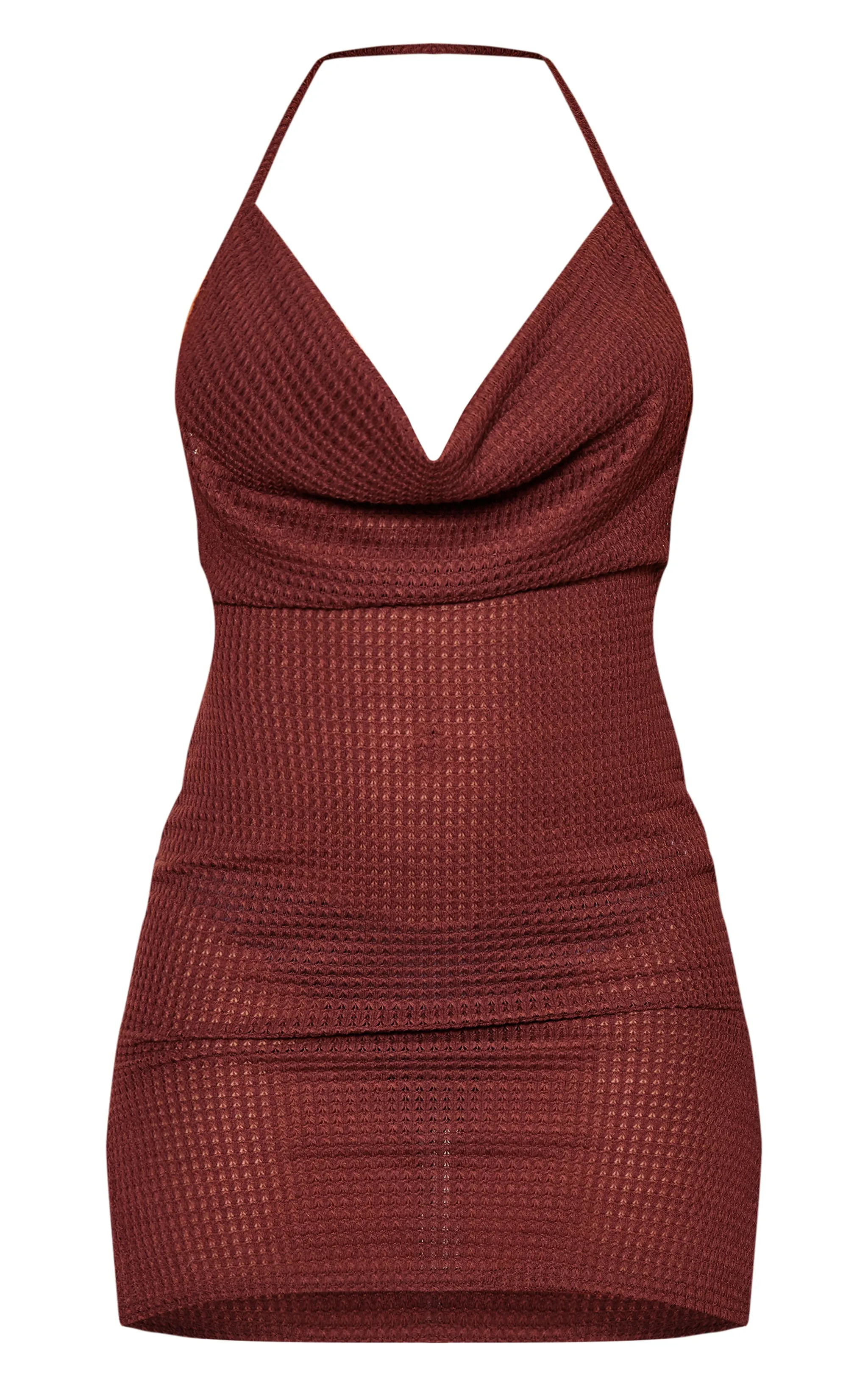 Chocolate Textured Sheer Cowl Halter Bodycon Dress sold by Pretty Little Thing product image thumbnail 5