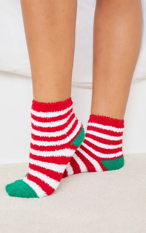 Red Christmas Stripe Fluffy Sleep Socks sold by Pretty Little Thing