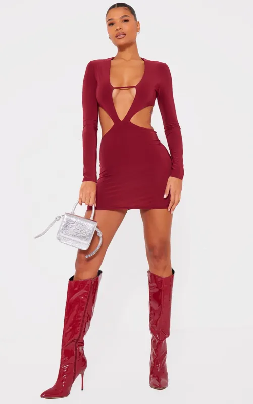 Cherry Red Slinky Cut Out Bust Detail Long Sleeve Bodycon Dress sold by Pretty Little Thing