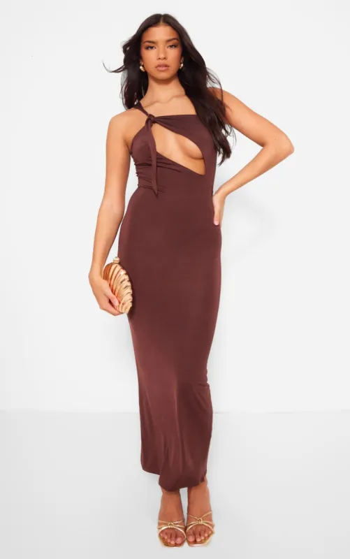 Chocolate Slinky Asymmetric Strap Knot Detail Midaxi Dress sold by Pretty Little Thing