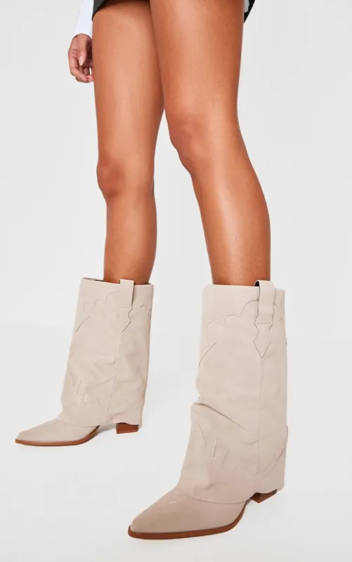 Camel Faux Suede Point Toe Block Heel Fold Over Western Boots sold by Pretty Little Thing