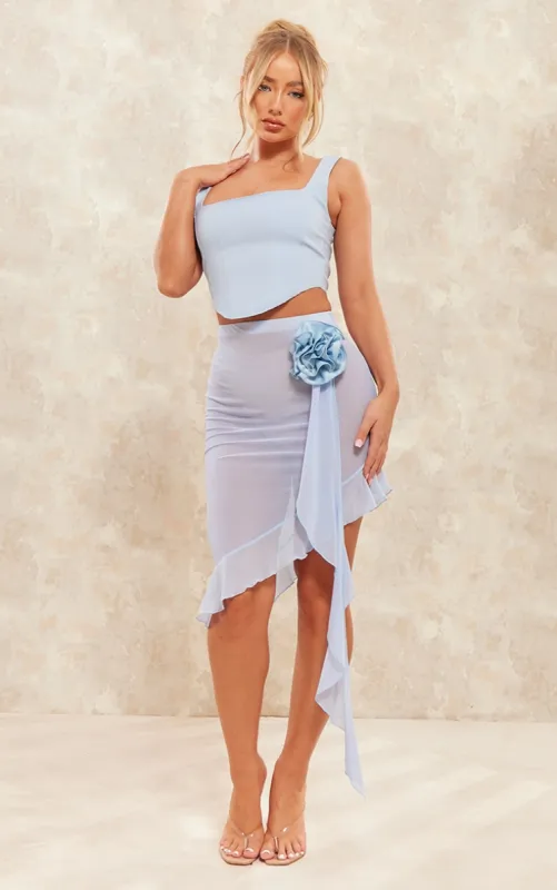 Blue Mesh Rosette Trim Ruffle Detail Midi Skirt sold by Pretty Little Thing