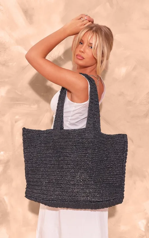 Black Raffia Large Beach Tote Bag sold by Pretty Little Thing