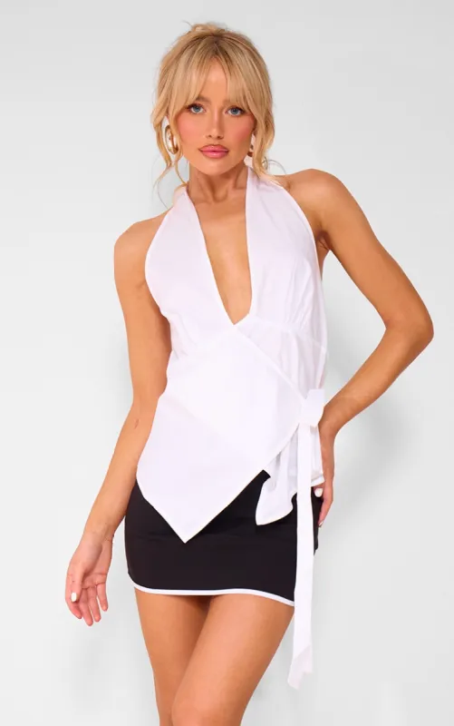 White Halter Neck Wrap Bow Tie Cami Top sold by Pretty Little Thing