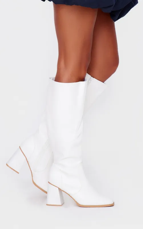 White PU Square Toe Flare Block Heel Knee High Boots sold by Pretty Little Thing
