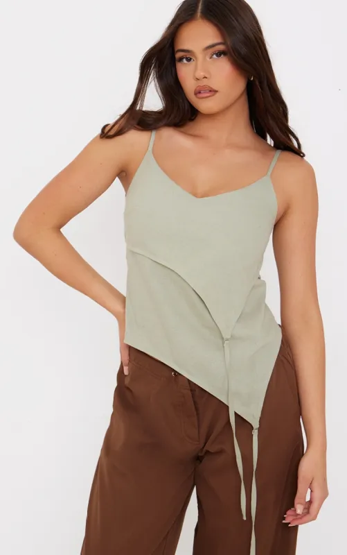 Sage Green Linen Asymmetric Strappy Detail Cami Top sold by Pretty Little Thing