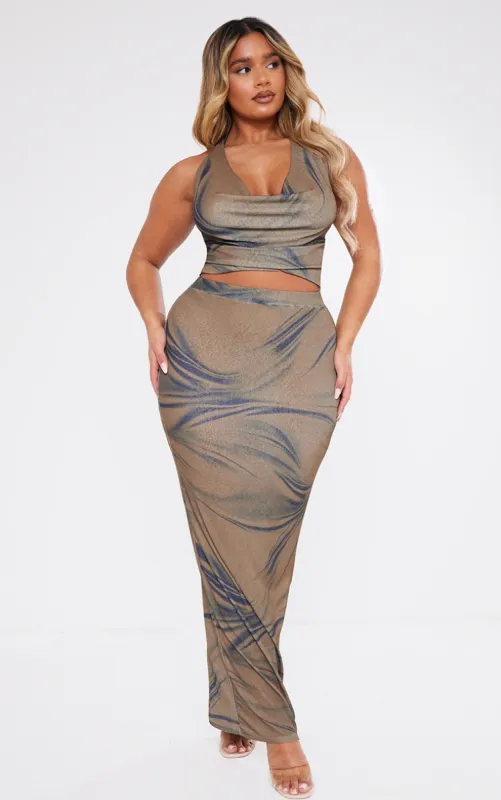 Shape Brown Sheer Mesh Printed Maxi Skirt sold by Pretty Little Thing
