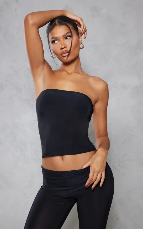 Black Slinky Longline Bandeau Top sold by Pretty Little Thing