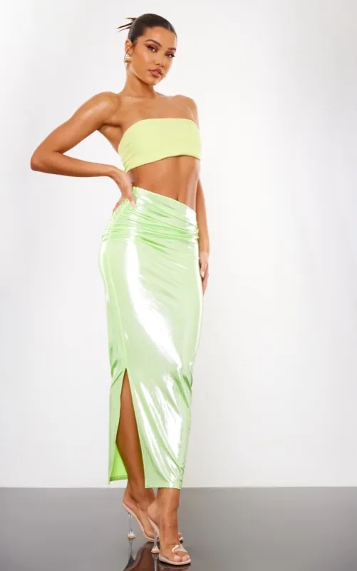 Green Shimmer Woven Twist Front Maxi Skirt made by Pretty Little Thing