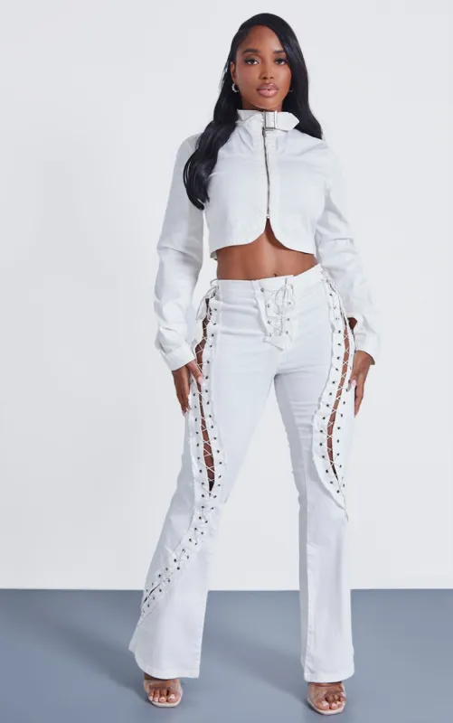 Shape White Denim Lace Up Detail Flare Jeans sold by Pretty Little Thing