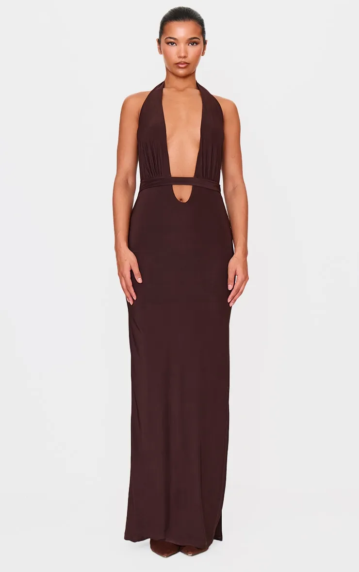 Chocolate Double Layer Skinky Wrap Waist Maxi Dress sold by Pretty Little Thing