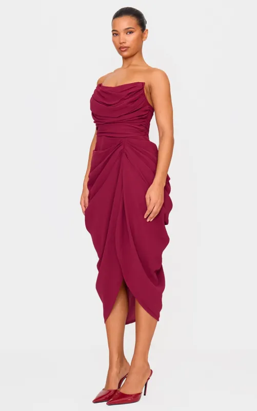 Burgundy Chiffon Corset Bandeau Draped Midi Dress sold by Pretty Little Thing