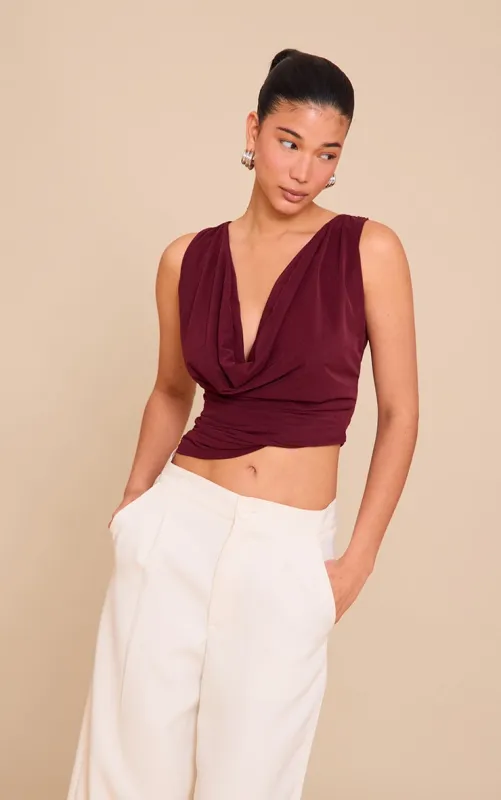 Wine Stretch Chiffon Cowl Neck Long Top sold by Pretty Little Thing