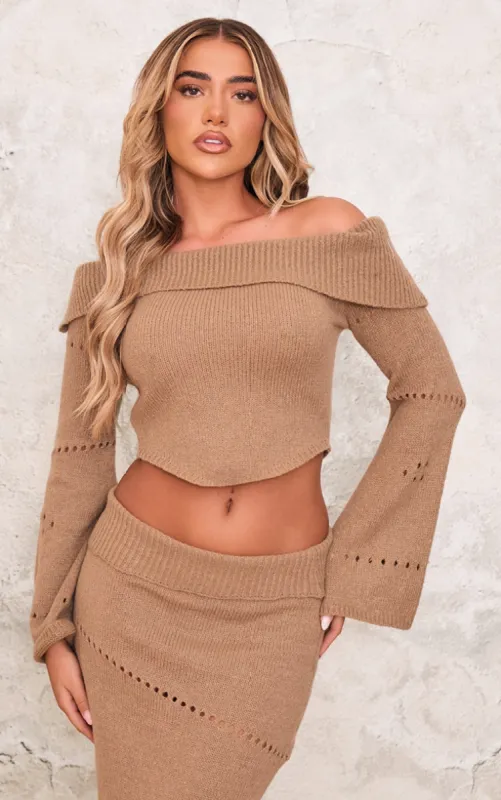 Chocolate Fold Over Bardot Knit Long Sleeve Top sold by Pretty Little Thing