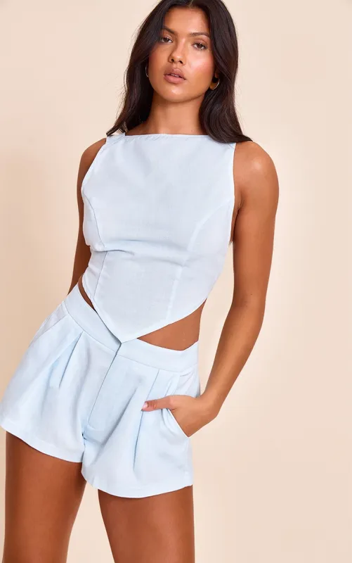 Short de tailleur en effet lin tissé bleu clair, Bleu Ciel sold by Pretty Little Thing