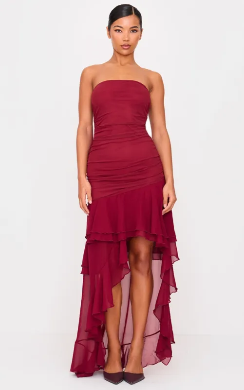 Burgundy Mesh Ruffle Detail Maxi Dress sold by Pretty Little Thing