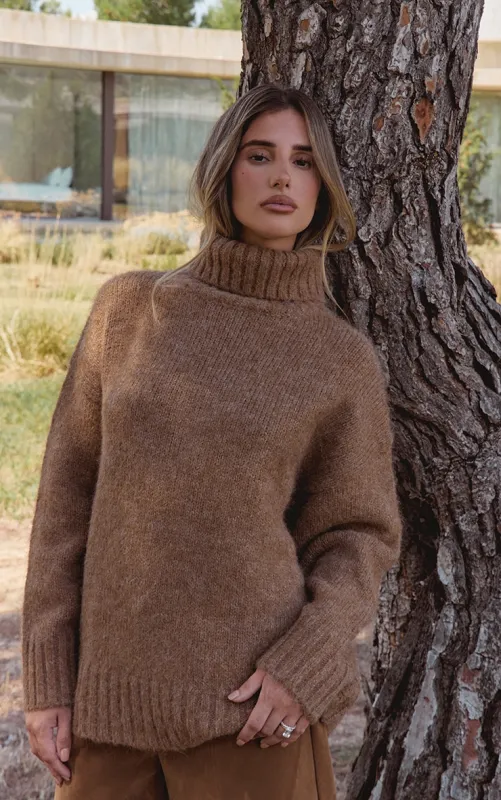 Camel Roll Neck Balloon Sleeve Oversized Jumper sold by Pretty Little Thing