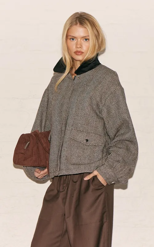 Monochrome Herringbone Contrast Collar Jacket sold by Pretty Little Thing