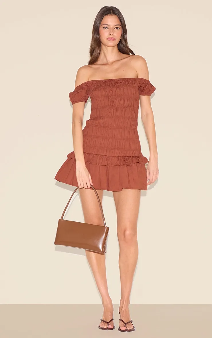 Chocolate Bardot Shirred Detail Shift Dress sold by Pretty Little Thing