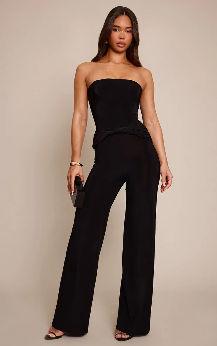 Black Slinky Bandeau Wrap Twist Straight Leg Jumpsuit sold by Pretty Little Thing