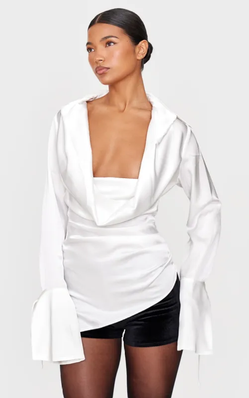 White Satin Cowl Neck Asymmetric Shirt sold by Pretty Little Thing