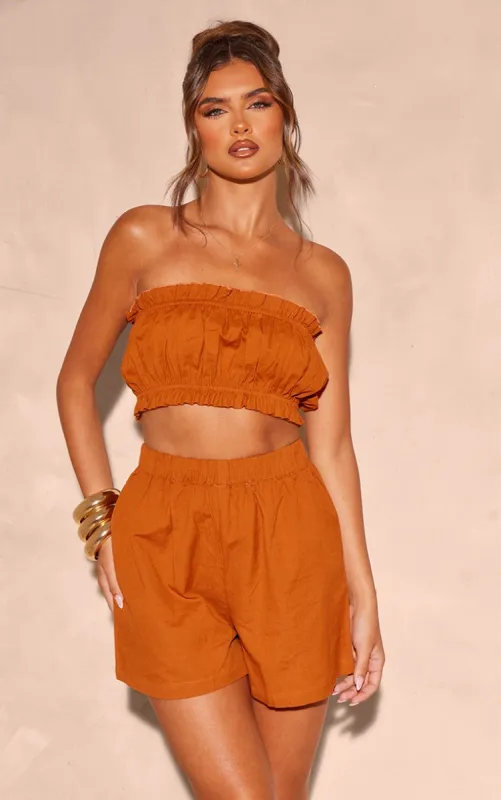 Rust Linen Look Ruffle Hem Bandeau Crop Top sold by Pretty Little Thing