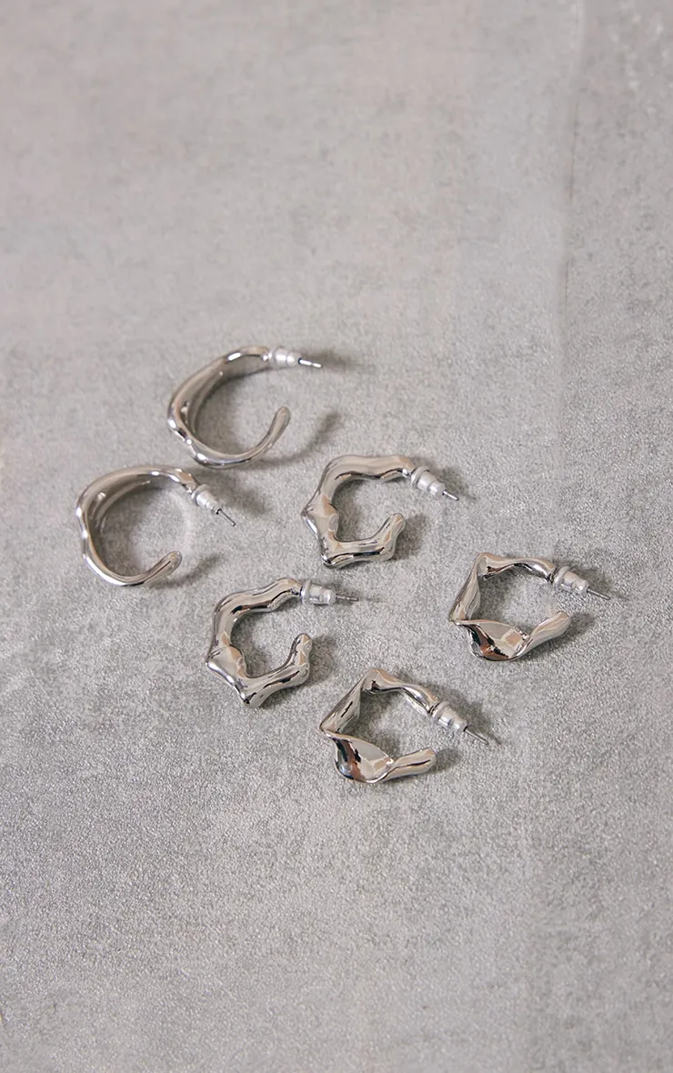 Silver Crinkle Abstract Hoop Earrings Multipack sold by Pretty Little Thing