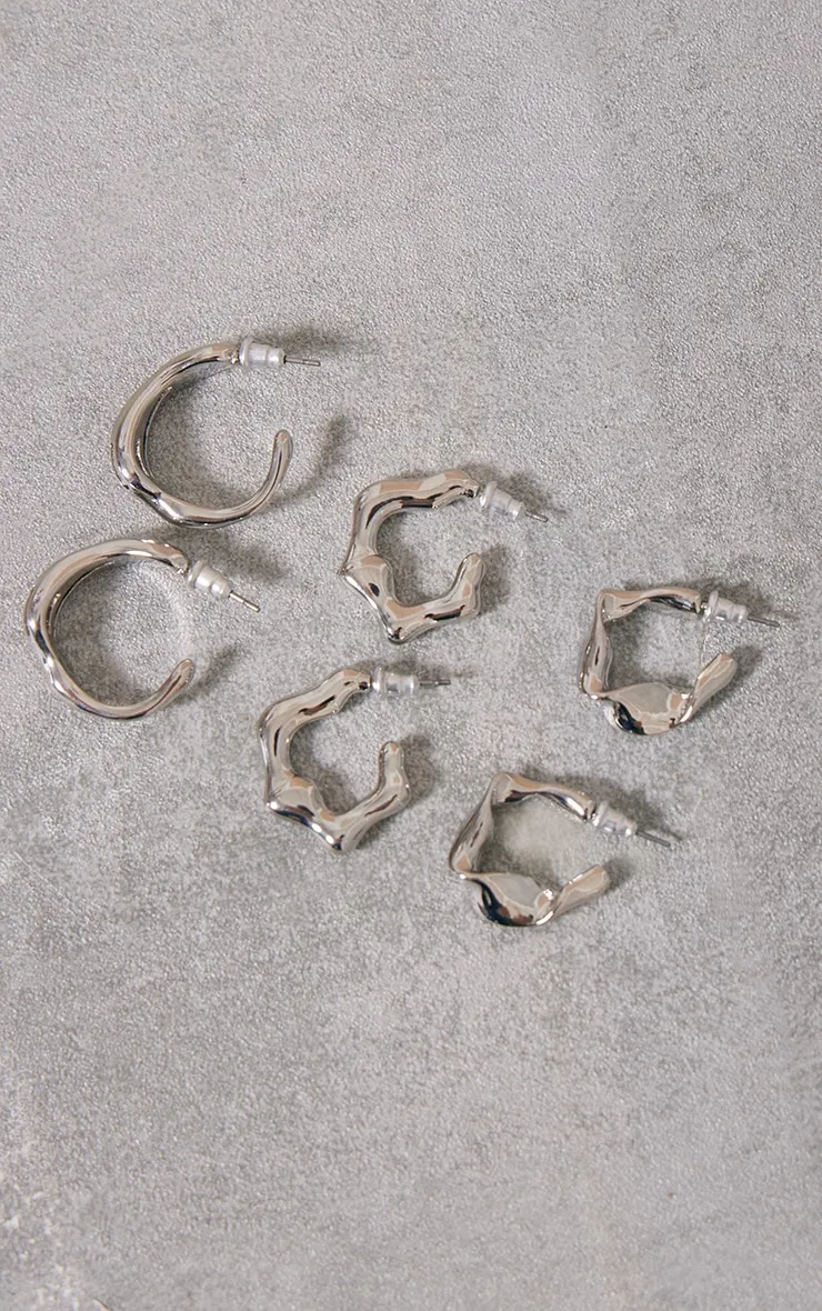 Silver Crinkle Abstract Hoop Earrings Multipack sold by Pretty Little Thing product image thumbnail 2