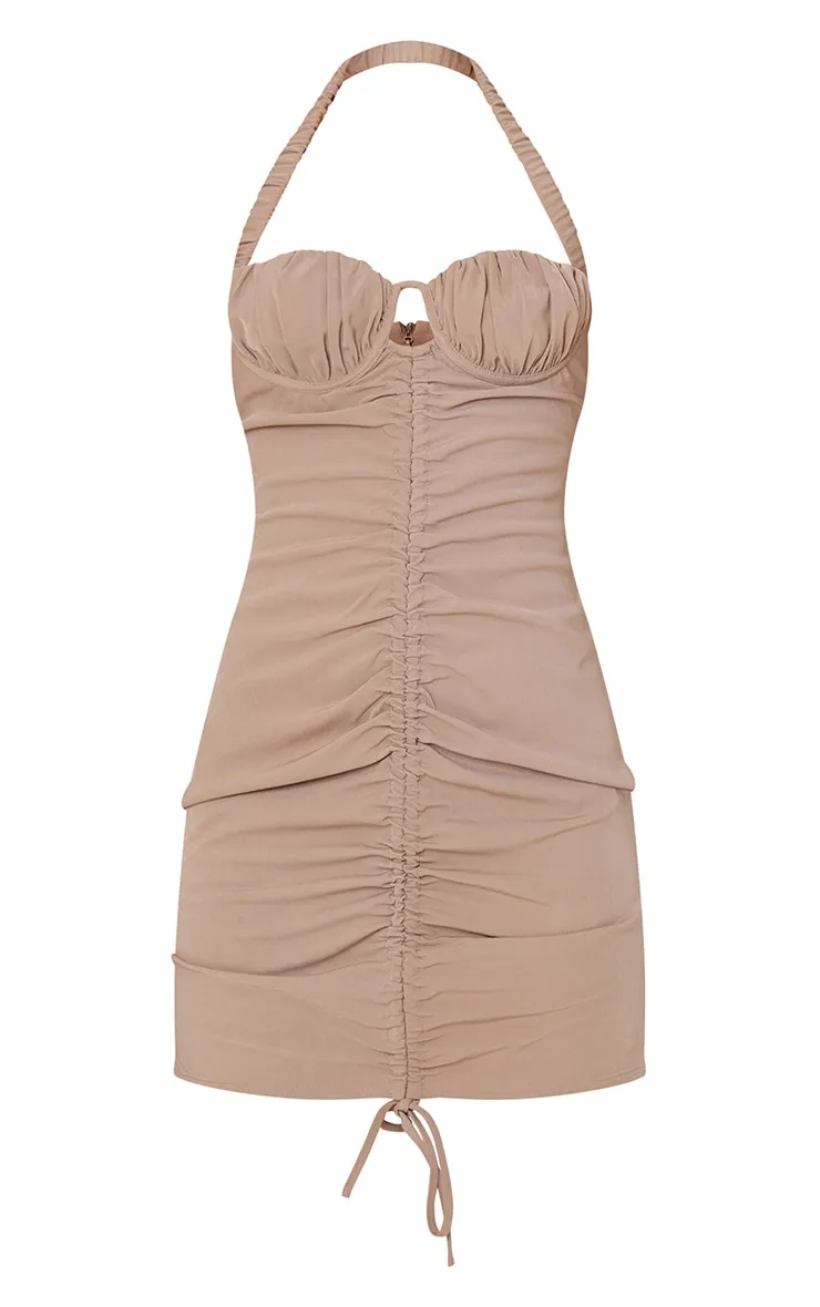 Taupe Ruched Front Halterneck Bodycon Dress sold by Pretty Little Thing product image thumbnail 5