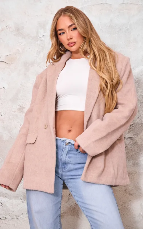 Beige Textured Wool Look Oversized Blazer sold by Pretty Little Thing