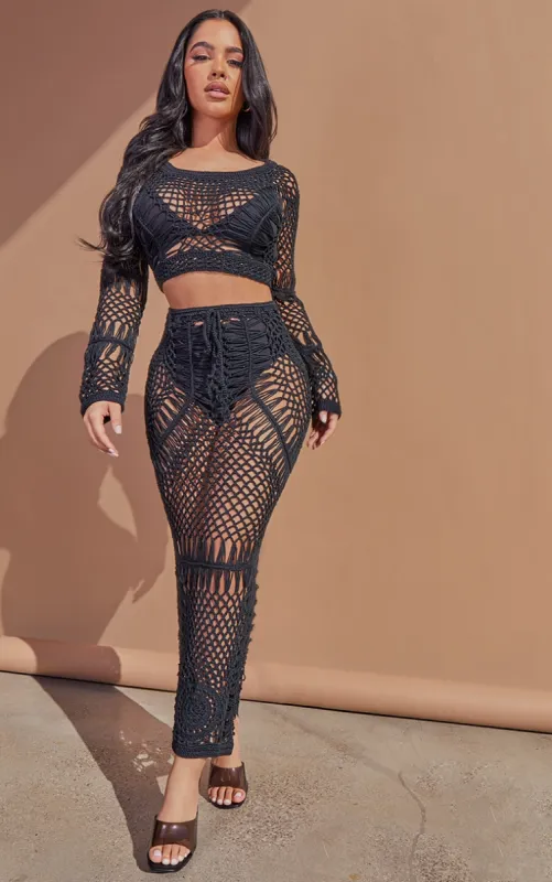 Petite Black Crochet Midi Skirt sold by Pretty Little Thing