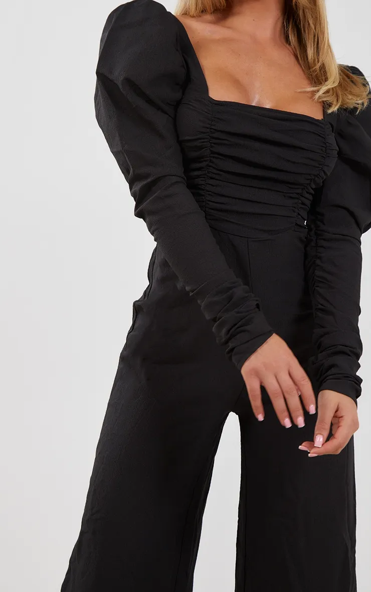 Black Textured Ruched Detail Puff Sleeve Jumpsuit sold by Pretty Little Thing product image thumbnail 3