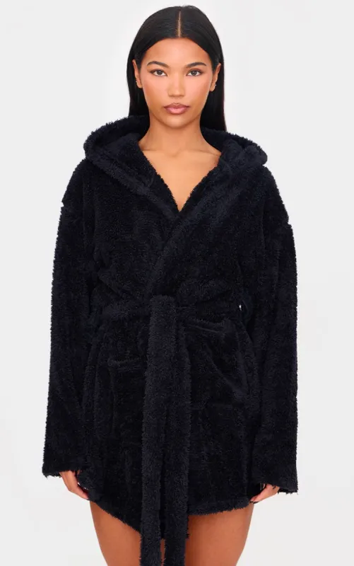 Black Fluffy Dressing Gown sold by Pretty Little Thing
