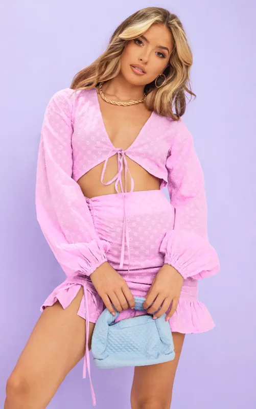 Lilac Ditsy Embroidered Ruched Skirt Bodycon Dress sold by Pretty Little Thing