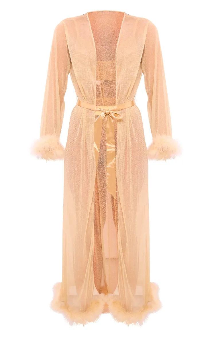 Champagne Feather Trim Longline Mesh Glitter Robe sold by Pretty Little Thing product image thumbnail 5